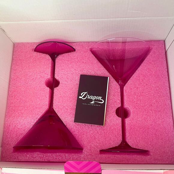 NIB Barbie x Dragon Glass pink martini glasses new in box never used HOLIDAY GIF - Picture 5 of 6